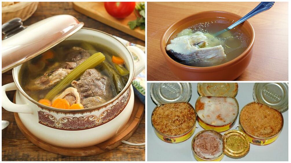 Fasting for gout - rich meat and fish soup, canned food